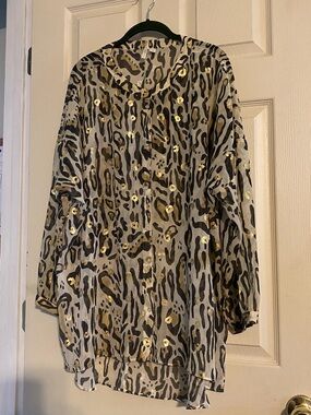 Cato Gold Metallic-Clip Leopard Print Tunic Length Blouse, Size XL